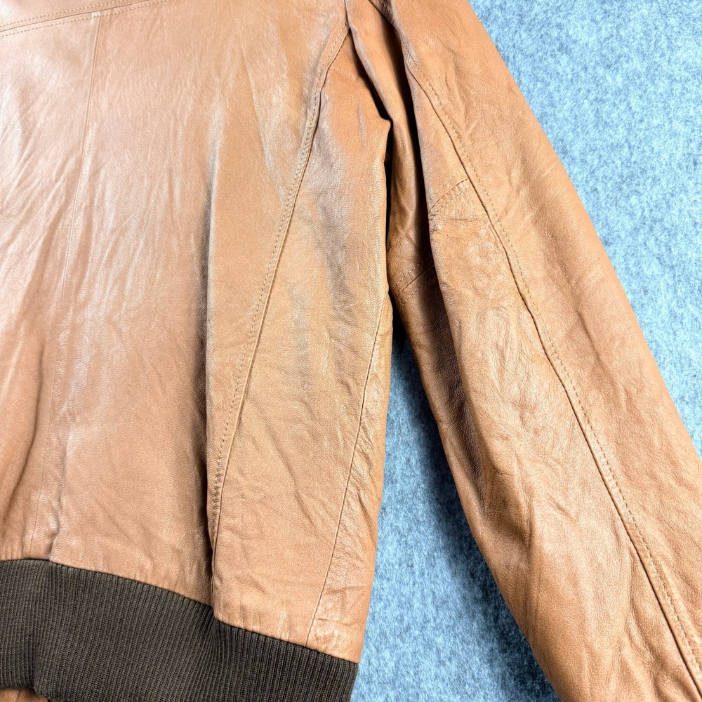 Mario Hernandez Leather Bomber Jacket Tan Brown Mens SZ 40 Zip Front Ribbed Trim - Picture 12 of 16